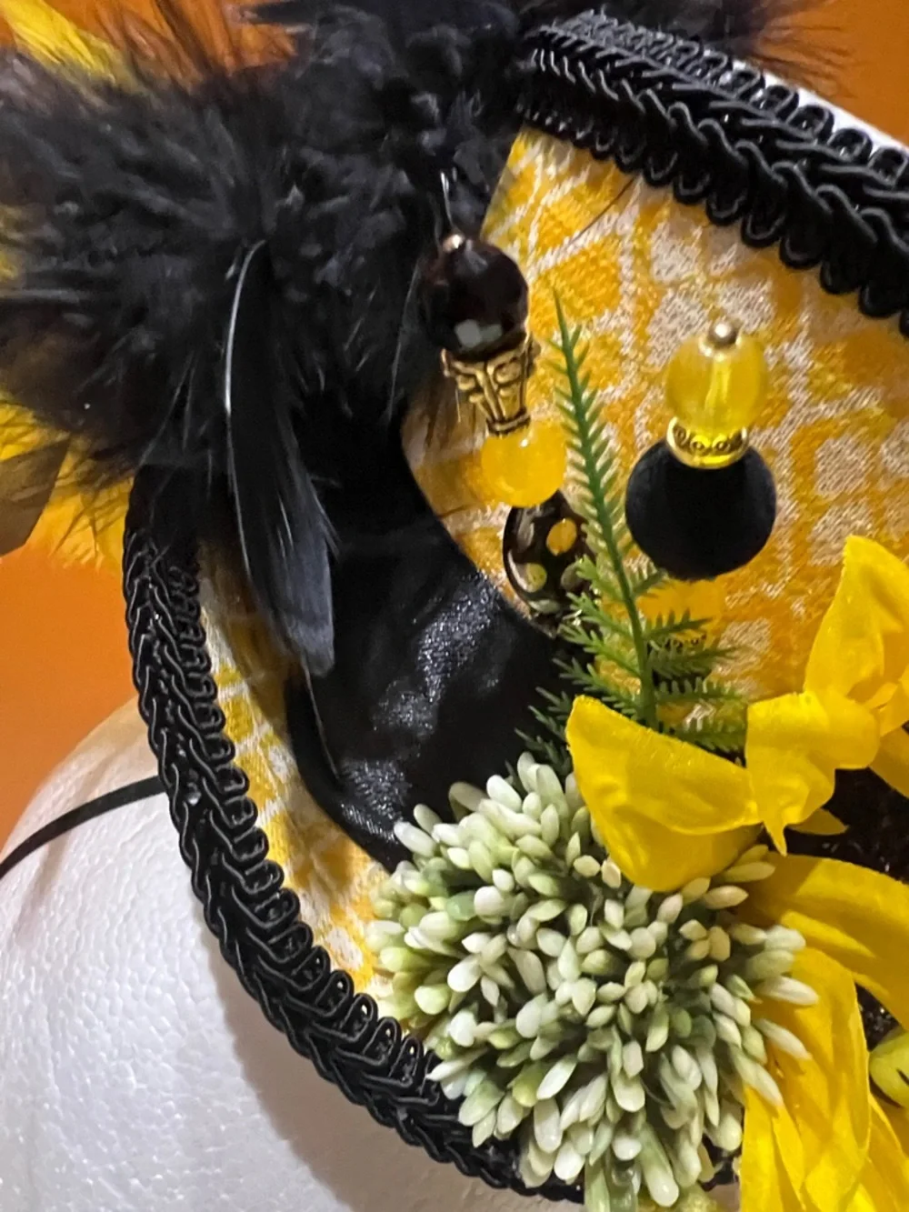 Custom Made Bumble Bee Kentucky Derby Fascinator Hat, Yellow Black Mini Top Hat - Picture 11 of 13